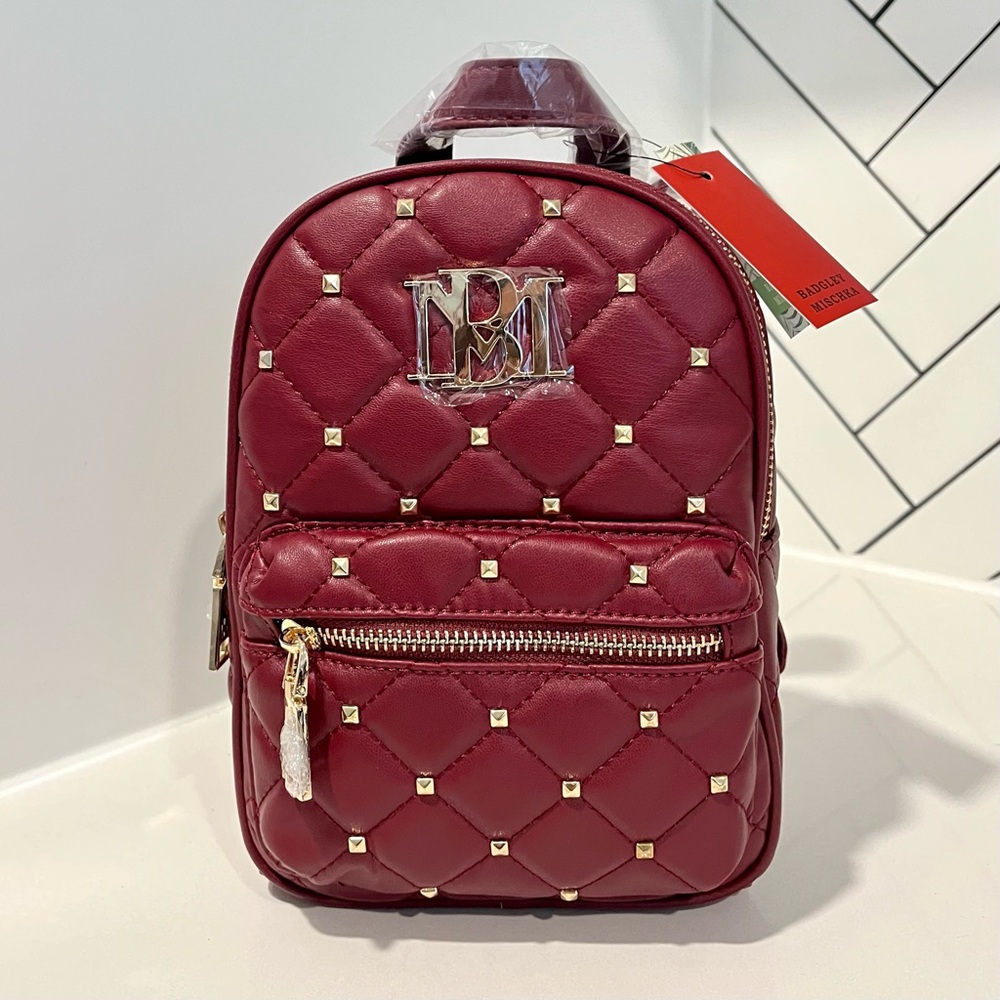 Badgly Mischka Small Backpack Wine/Maroon Quilted Backpack with Gold Studs NWT